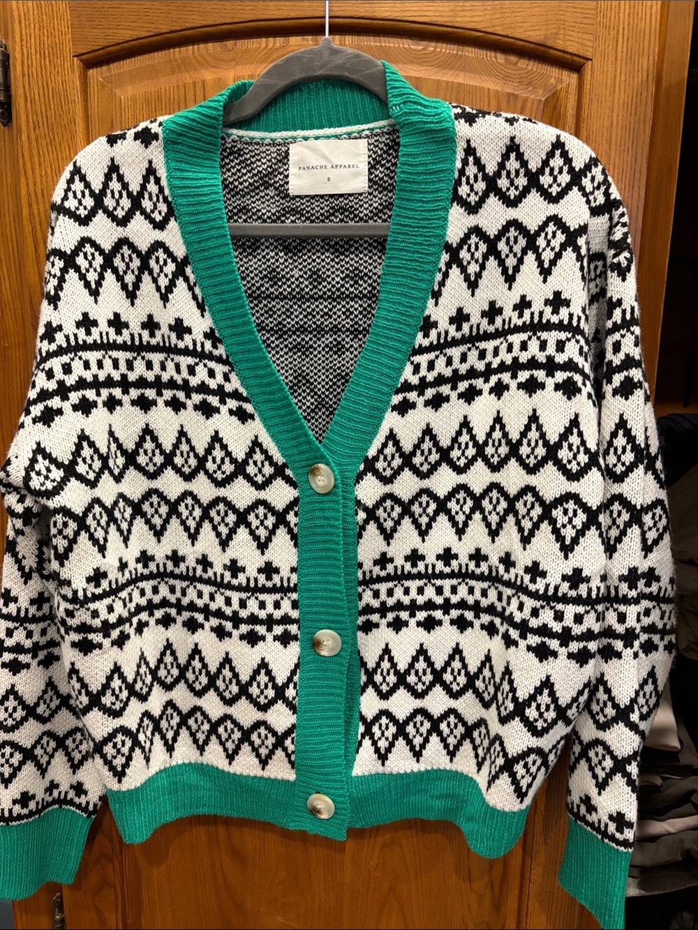 Black & White Geometric Cardigan with green Trim size small